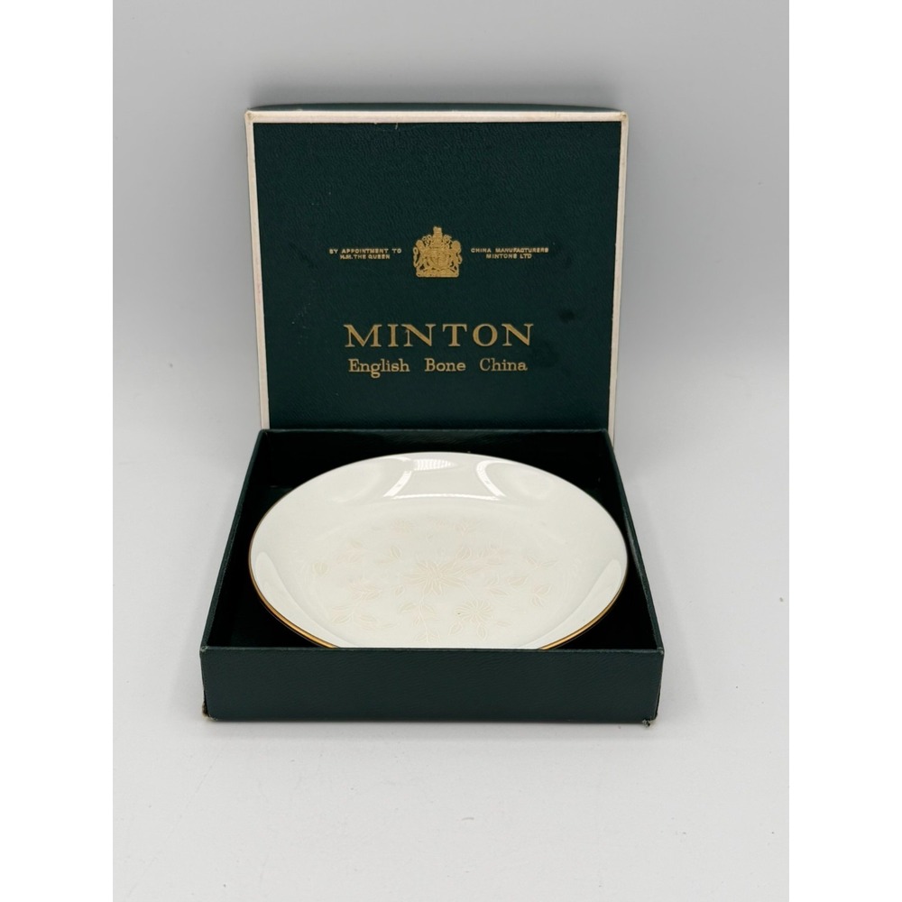 Minton "White Paisley" English Bone China Trinket Dish Gold Rim w/ Box